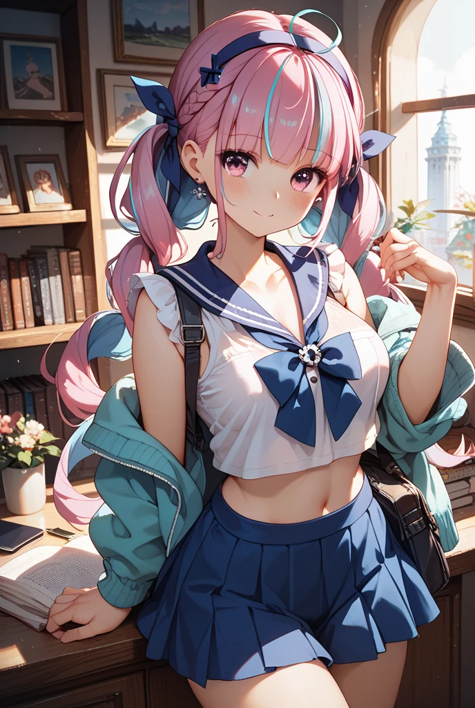 (((classroom))),(((Change clothes in the changing room:1.3))),(((clothes on hangers:1.3))),(((Sailor suit))),(((Pleated skirt that exposes skin))),(Dark red bow tie:1.3),Cute Face,(Aqua blue hair,Floral knit headband,Half Up、Floral braided space buns,Voluminous fishtail braid,Twisted pan,),(The bangs are see-through),hairpin,hair ornaments,Blushing、Pointed red mouth、Perfect round face,iris,(Perfect body curves),Big Breasts.Wet Hair、Wet swimsuit、Wet Skin、Professional Lighting,Cinematic Light,(Tabletop,highest quality,Ultra-high resolution output images,) ,(8K quality,),(Picture Mode Ultra HD,)
