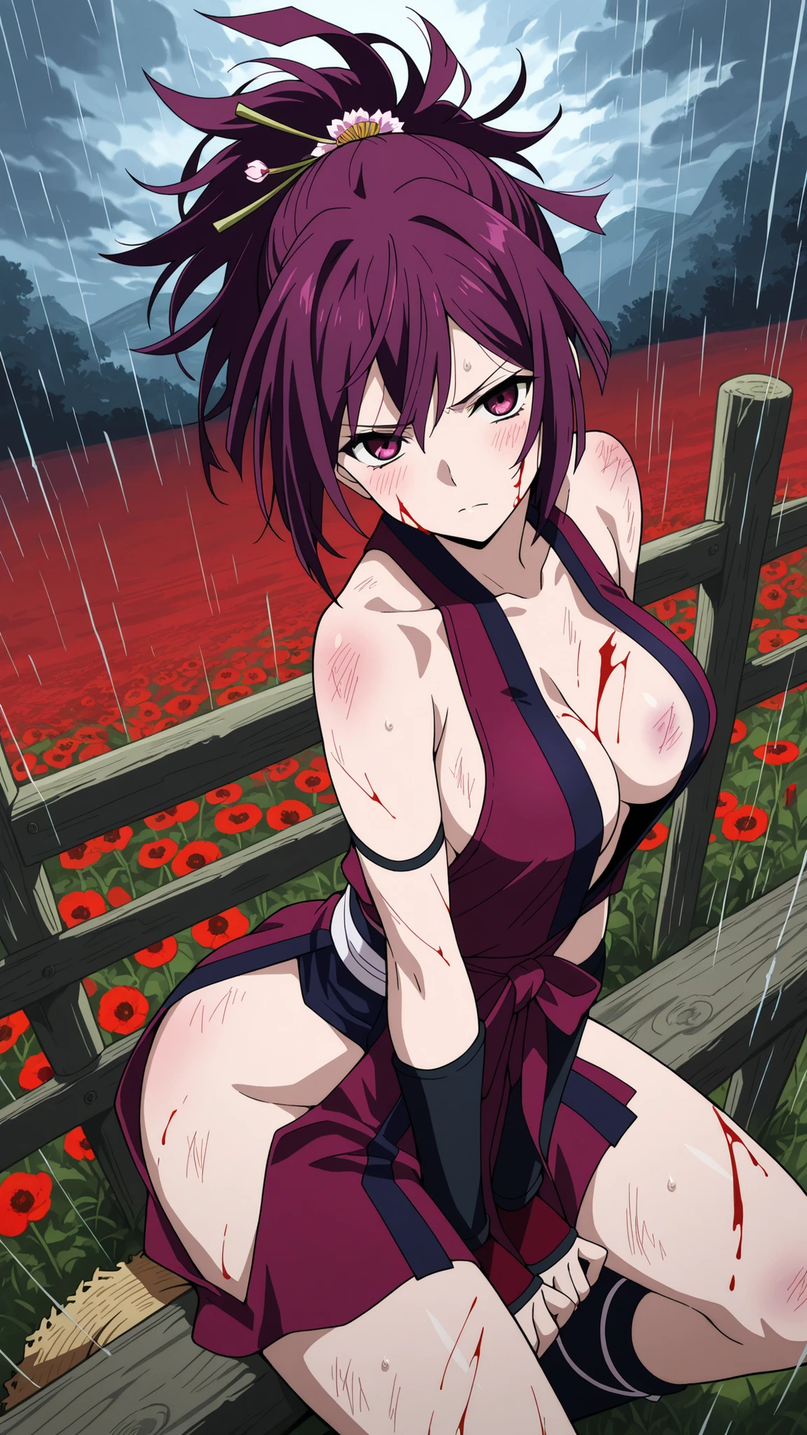 BREAK (masterpiece:1.2), best quality, high resolution, unity 8k wallpaper, (illustration:0.8),Endless field of crimson poppies thrashing under torrential rain, each thunderclap illuminating the petals like pulsing veins,distant farmhouse, Storm clouds bruise the sky purple as lightning forks between broken fence posts,yuzuriha, hair ornament, purple eyes, ponytail, purple hair,cleavage, japanese clothes, bare shoulders, collarbone, side slit,cleavege,collarbone,straw hat,floating dress,short dress,blush,raised hips,seductive expression,serious face,cross legs,cowboy shot,sitting on field,arched back,sitting on knees,from above,blood on face,blood on body.