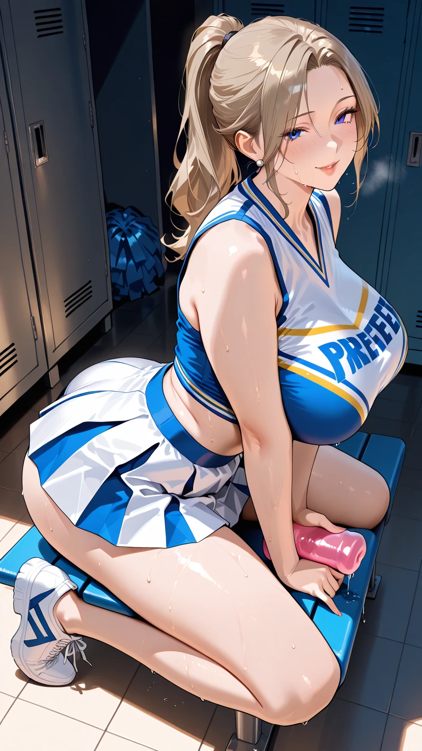(nsfw:1),masterpiece,ultra detailed,(teary eyes,painful,detailed pupils,opened o-shape-mouth:1.1) ,(curvy adult body:1.4),,realistic anime,detailed skin,(tanned skin woman:1.3),beautiful mature woman,(cheerleading),dilated pupils,cheer pom poms in hands,short hair,light brown hair,(white cheer uniform),revealing logo vest,pleated cheer skirt,at changing room in gym,,(flying heart-shapes),(crossed and upturned eyes:1.1),pubic hair,(vaginal penis,having sex, cowgirl position,excessive cum in pussy),armpit hair,tongue,