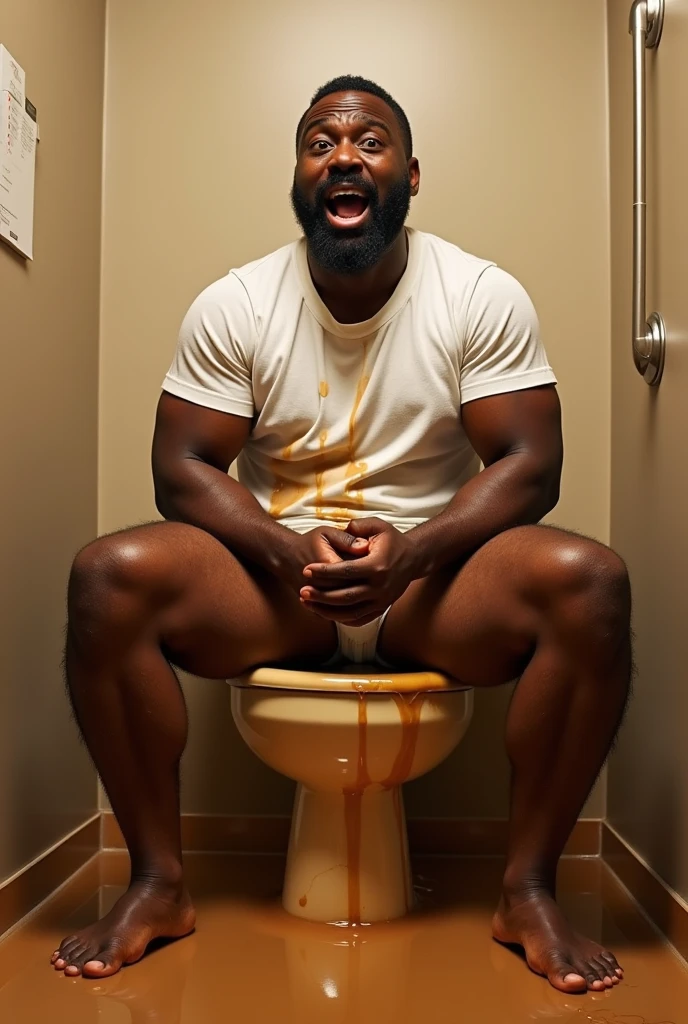 homem negro, jovem, short hair, barba grande, muito gordo, extremamente gordo, sitting on the toilet in the bathroom of your home, segurando uma grande pizza, com a barriga para fora, no neck, rosto muito grande e gordo, Facing the camera, disco Rigido, 8k