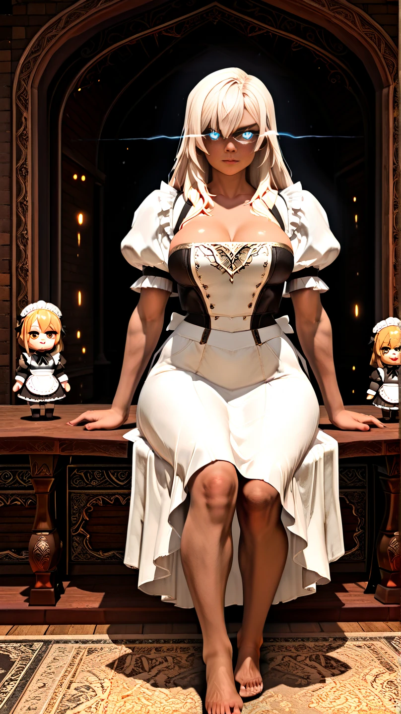 A dark attic, A doll in a maid's dress sits on an old  a porcelain doll with glowing eyes,  Aesthetic, , beautiful,  affiliated features, height jaesthetic  build, broad shoulders, body, full body focus, completely hairless
