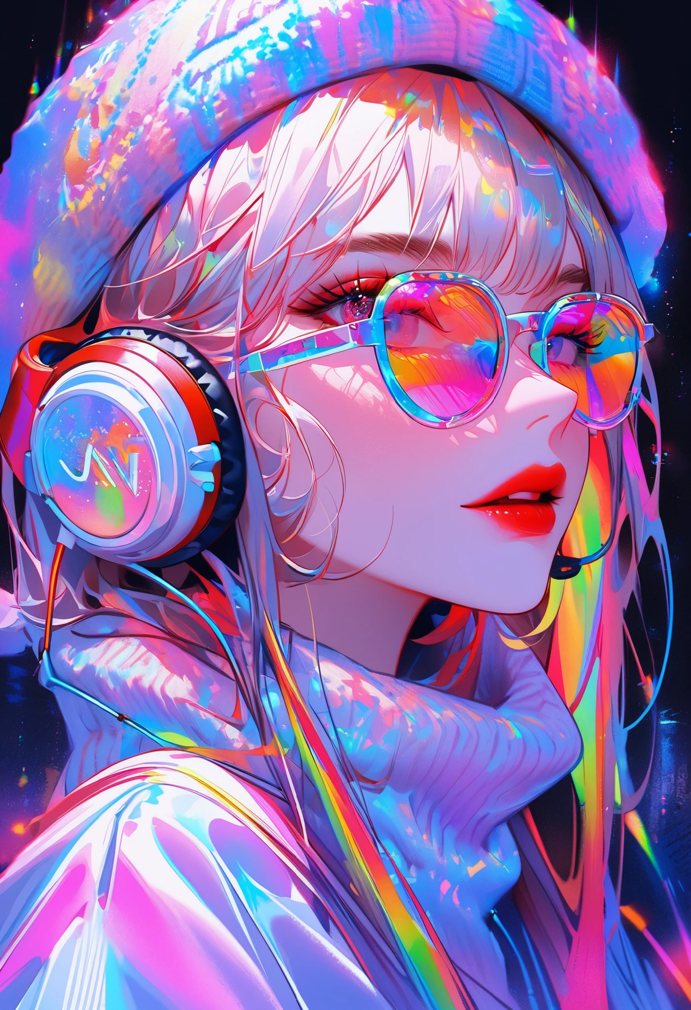 ((top-quality)), ((masterpiece)), (extremely detailed fine touch:1.3), psychedelic art, psychedelic girl, solo, psychedelic short hair, (((psychedelic under-rimmed glasses:1.3))), (psychedelic headphones:1.3), psychedelic eyes medium breasts, bare arms,