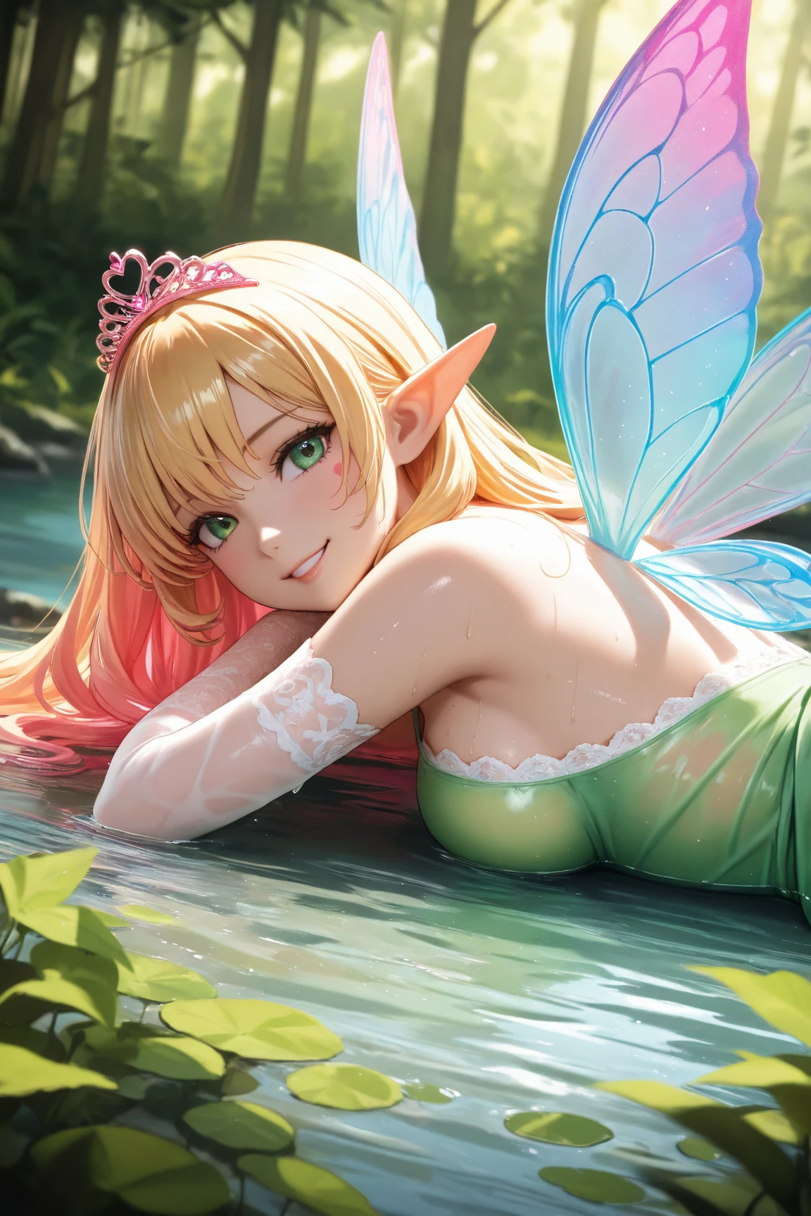 ( Absurd, High quality, ultra-detailed, masterpiece, concept art, smooth, highly detailed artwork, hyper-realistic painting ) , tiny little girl, cute, whole body, Romantic, Vivid, dreamy, fantasy, fairy wings, in the forest, enchanting glow, very detailed art, reveal clothes, sexy lace underwear, (transrarrent clothnes), perky niples, (pregnat), playful, mischievous, smile, skimpy clothes, revealing clothes