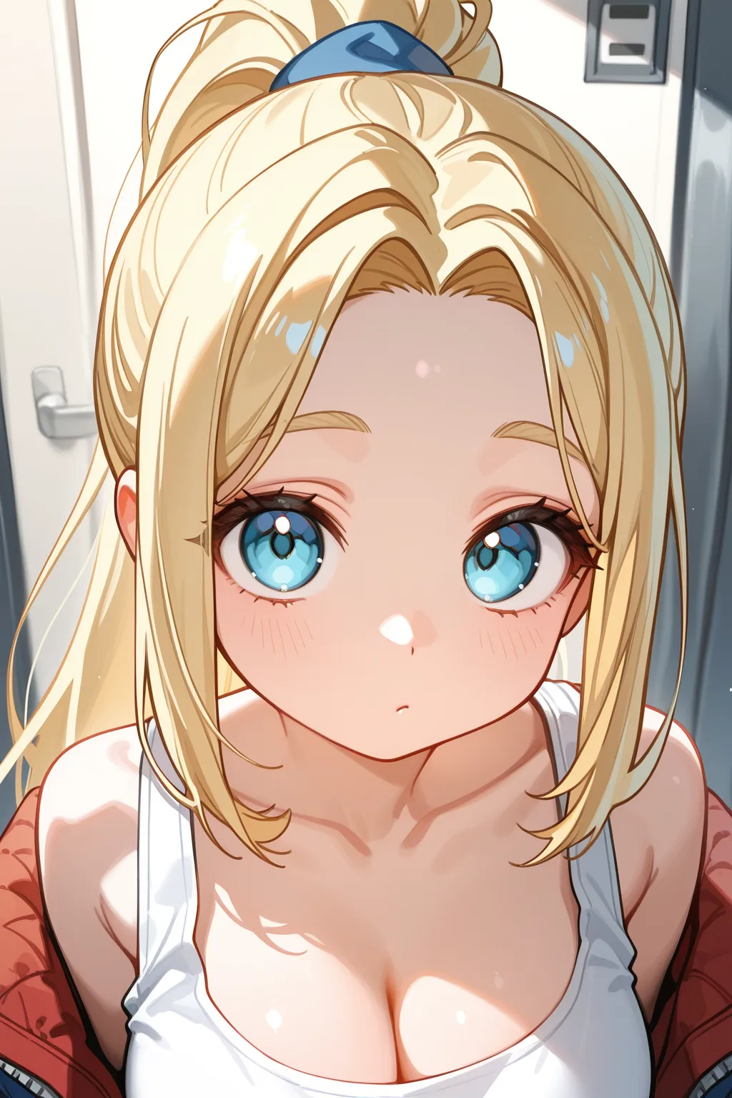 (masterpiece:1.2、Highest quality、masterpiece)、1 female、alone、classroom、Day、stand、blonde,blue eyes、(Completely naked:1.4)、(Whitening:1.4)、Big Breasts、pantyhose、Earrings, Sweaty,Round 1、blush、(Face close-up:1.4),(Massage your penis with your hands:1.5),(Artificial Human Room No. 18:1.3)