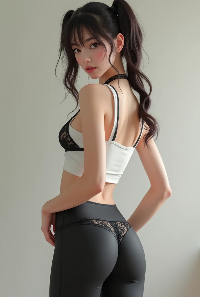 Masterpiece, photorealistic, cute little asian youth, photo perfect detailed face, dark eyebrows,double folded eyelids, black eyeliner, dark eye shadow, fullbody dark lipstick, curved lips, long luscious black wavy hair, flawless perfect skin, neck to sholder lace choker collar, flat chested body, slim narrow waist and hips, topless, lace thong, thigh high leggings, from the back, grabbing own ass, show butthole, clean shaved pussy,