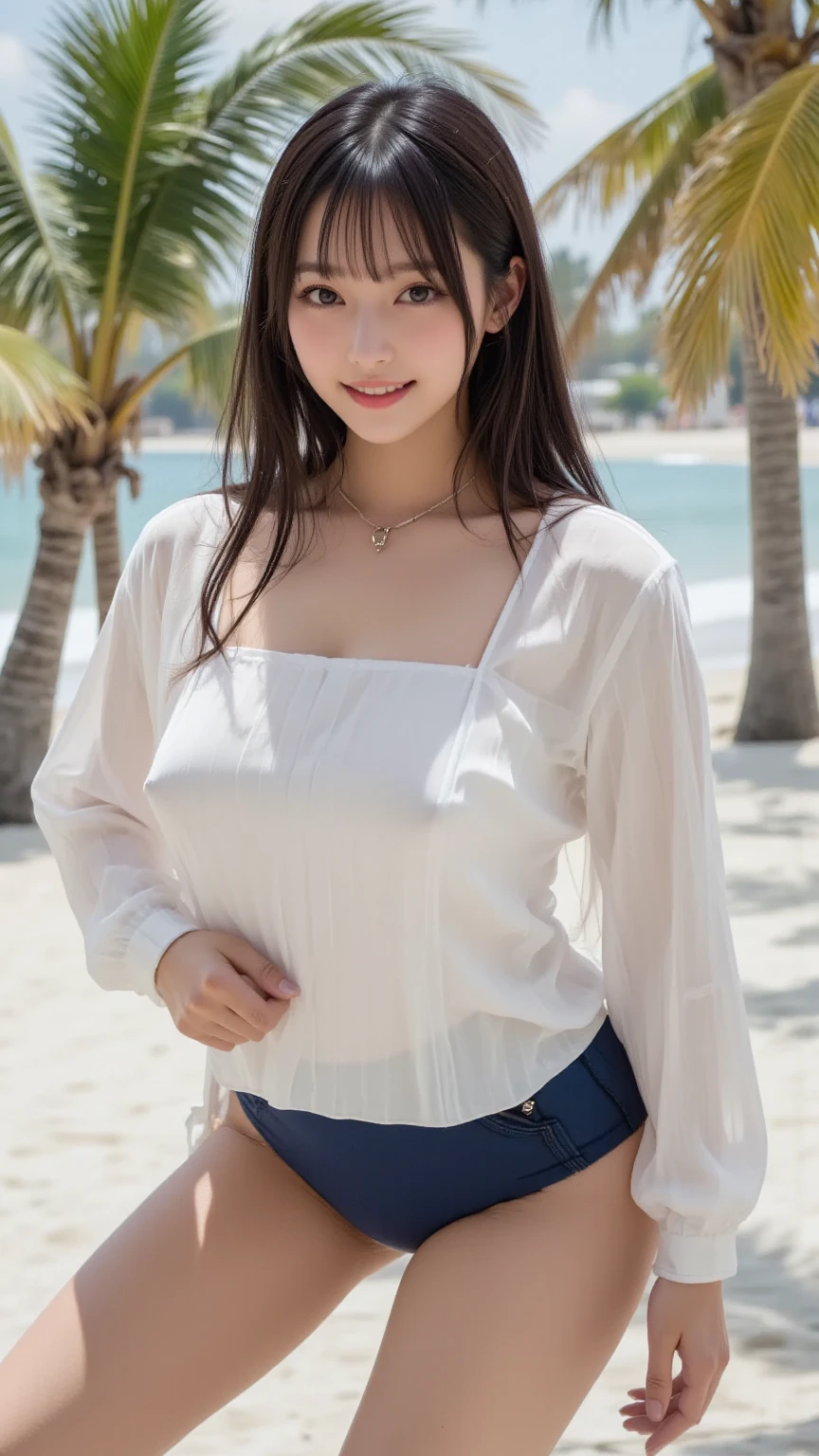 photograph、smile、Ultra slim、Delicate body、pretty girl、 The cutest Yua Mikami、Baby Face、White skin、Bobcut、Brown Hair、Wearing white underwear:1.8, Super short skirt, Butt, White shirt,Height: 154cm、Ocean Shore, Enoshima(Detailed Background), gloss々Lips, From the side, Pleated skirt、high school girl、uniform、Tabletop, Highest quality, (Realistic photograph:1.8), (Smooth lighting:1.2), Very detailed, In detail, High resolution, 8k, Perfect dynamic composition, (Fun smile:1.5), Open your mouth, (Beautiful attention to detail), naturals color lip, long wavy hair, Highly detailed face and skin texture, Perfect beautiful face blue sky、Ocean、Outdoor,Showcasing Cleavage、Waistline、Yua Mikami、Black Hair、、Japanese、E Cup、Waistline、Symmetrical face、From the sideのアングル、Blurred Background、Profile beauty、Tabletop,naturals、Human skin、healthy、Touching your hair