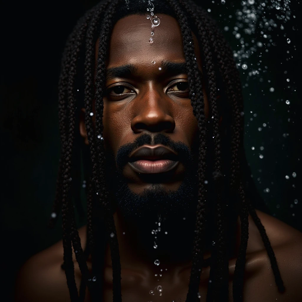 A beautiful black man with long hair taking a shower