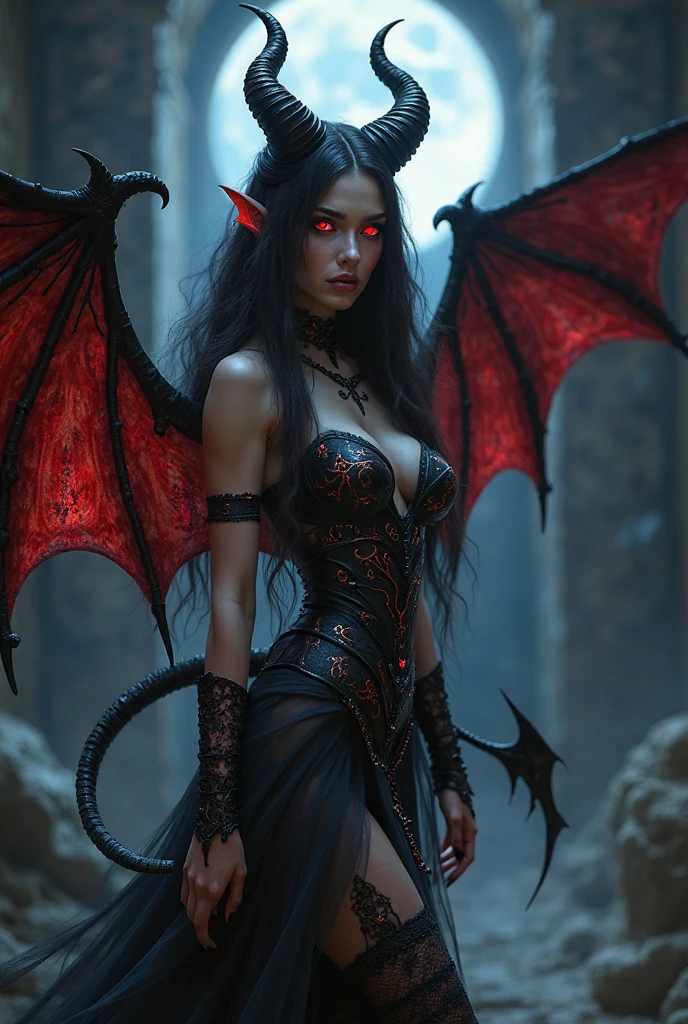 (half body portrait), beautiful detailed eyes, beautiful detailed lips, extremely detailed eyes and face, long eyelashes, female demon, d3m0ndr3ss, long dress, red dress, demon wings, ecstatic expression with a giant snake wrapped around her body, (best quality,4k,8k,highres,masterpiece:1.2),ultra-detailed,(realistic,photorealistic,photo-realistic:1.37),detailed skin, intricate details, dramatic lighting, dark fantasy, chiaroscuro, moody atmosphere, deep shadows, warm color palette, rich textures, cinematic composition, intense gaze, alen4_kryukova