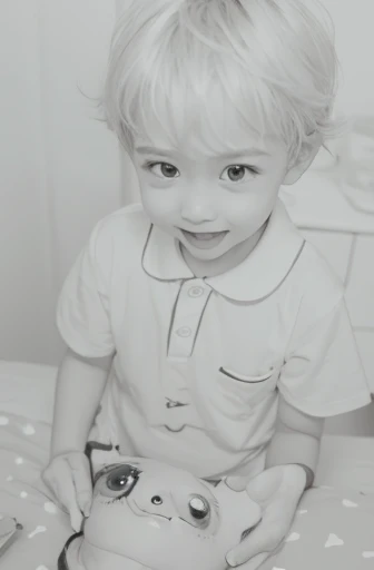Realistic color photography style、Smiling emphasizes nasolabial folds. Make the chin a little thinner and accentuate the nasolabial folds.、I want it to look more like a color photograph.........。3 year old boy, Xu々To、Clearly visible、鼻から口Toかけての深いほうれい線を強調します、Generate left and right dimples、Show me your beautiful smile.。Make your eyes look cute with double eyelids.