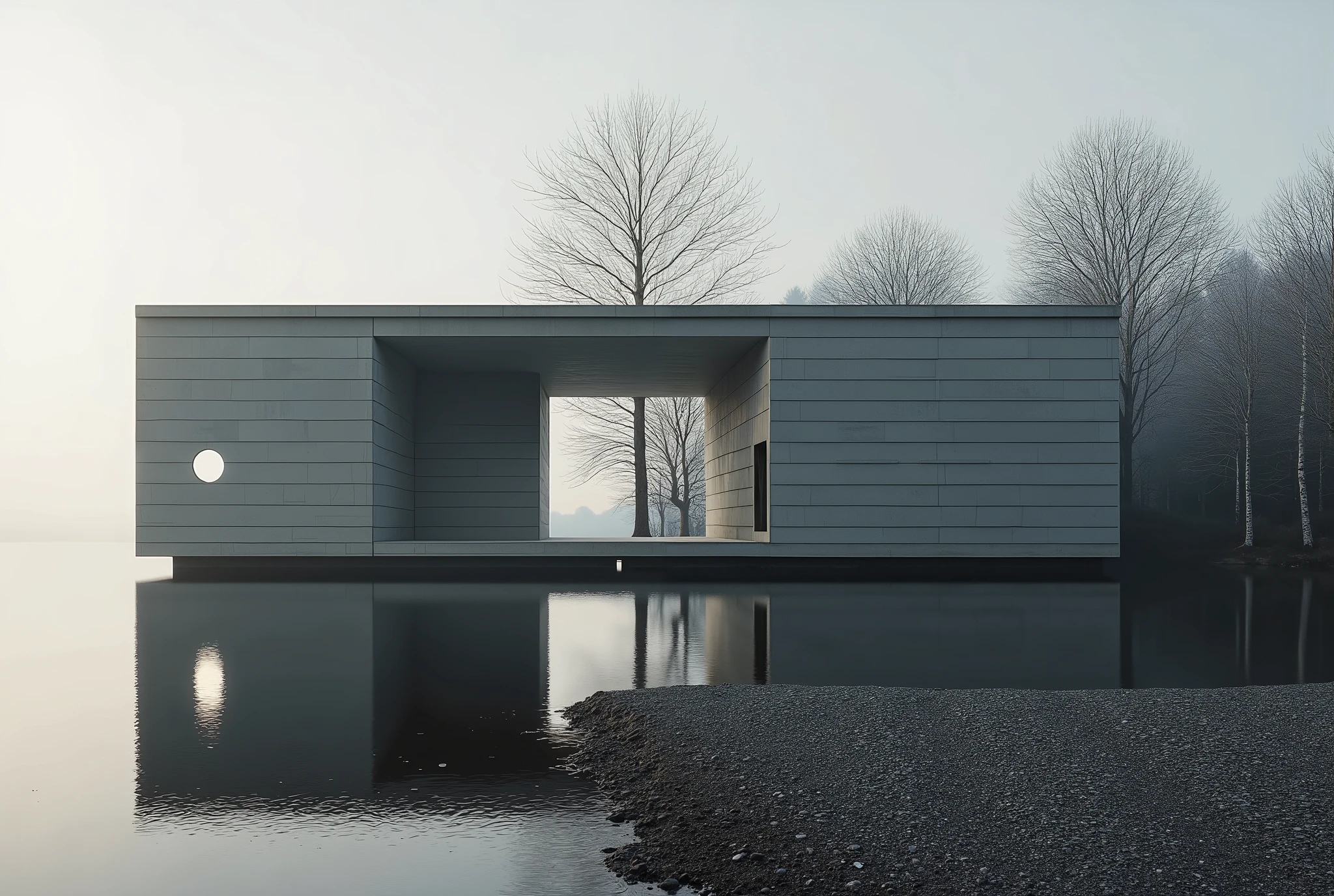 Ultra-realistic 16:9 cinematic long shot of a minimalist concrete house inspired by the contemplative brutalism of Tadao Ando, viewed from a distant perspective that captures the full architectural composition in its natural setting. The house is placed near the edge of a still, mirror-like lake, surrounded by sparse birch or pine trees and volcanic gravel. The architecture consists of monolithic, cast-in-place concrete volumes with visible horizontal formwork lines and a velvety, matte surface texture.
Key elements include pure geometric forms — rectangular walls, perfect circular voids, and deep slits — arranged in a silent, harmonious composition. A large rectangular cut-out frames the view of the lake from inside. A central courtyard open to the sky is subtly visible, while a circular aperture on one façade casts a soft light beam outward.
The distant view reveals the house as an isolated object in the landscape — stoic, introspective, yet deeply connected to its environment. The lake reflects the concrete structure with soft distortion. Trees cast long shadows, and morning fog rolls gently across the background, reinforcing the meditative atmosphere.
Photographed in hyper-realistic detail, despite the distance: the fine textures of the concrete, subtle light shifts, tectonic joints, and landscape integration are all clearly visible. The light is diffused and calm, enhancing the spiritual tone of the scene. Composition is precise, balanced, and evokes silence, solitude, and the timeless weight of Ando’s architectural language.