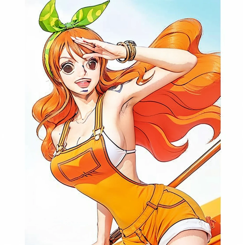 A digital illustration of nami from one piece with long, flowing orange hair, wearing a stylish outfit bikini, with a determined expression on her face. The background is a soft, muted green, with a few orange fruits floating around her, adding a touch of whimsy and color. The overall effect is one of cool confidence and a touch of the edgy. [A stylish and modern illustration, reminiscent of "Anime" and "Manga" aesthetics, with a touch of "Streetwear" style.] [Soft, muted green background, focus on details and a sense of movement, a cool and confident expression.]