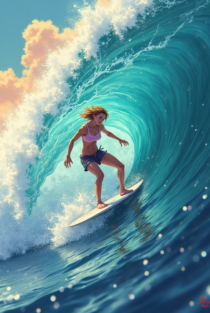 Female surfer riding a wave in the ocean early in the morning、Short Hair、Sexy and colorful swimwear、surfing、 (Riding a surfboard:1.2)、 big wave surfing、Tube Wave、The breaking waves、Wave Splash、surfingの写真、Extreme Sports Photography、(Highest quality, masterpiece, High resolution)、8k、wallpaper