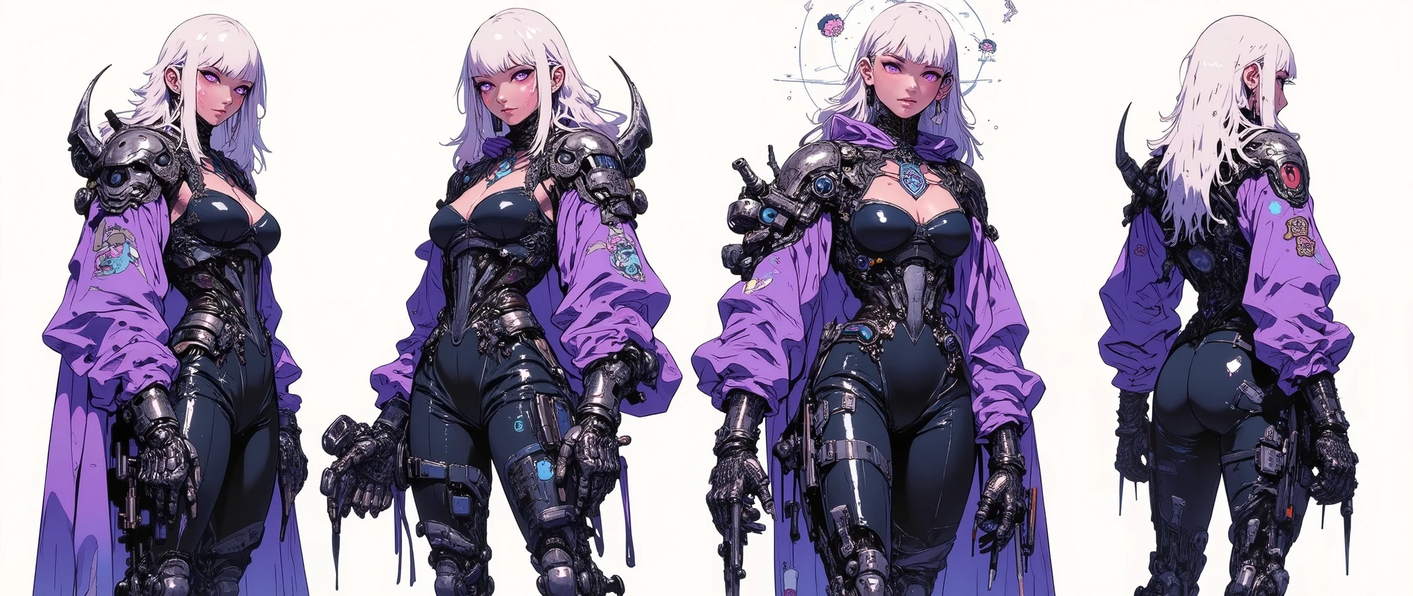 masterpiece, latest, very aesthetic, A very beautiful 27 year old adult woman, nice and sexy body, long curvy legs, medium breasts, sexy body, fair skin, long silky white hair with white highlights, bright purple eyes, gothic cyberpunk style, wearing a stylish black and violet technological corset with long sleeves, [[Her left arm is bionic and has on its forearm a large 'mega-man' style cannon]] mysterious markings glowing on her chest and neck, transparent dark cape flowing behind her, tall metallic boots with magical runes inlaid in them, futuristic jewelry, a psychic halo floating above her head, rendered as animes 'Blame' 'Berzeker' 'PSYCHO-PASS' 'Texhnolyze' , rossdraws 2.0, high resolution, 90's anime style, full body, high contrast, anatomically correct, front and side and back view, presentation of character, [[white background]], character design layout, 3 sides, front back and side, high contrast, front view [[[SHE IS FRONT]]], [[She is from the back]] [[FULL BODY]], [[Image showing her full body from head to toe]] masterpiece illustration, high resolution, front and side view in the same image, [[white background]], character concept presentation. 90's anime style flat color shading with cel shaded.