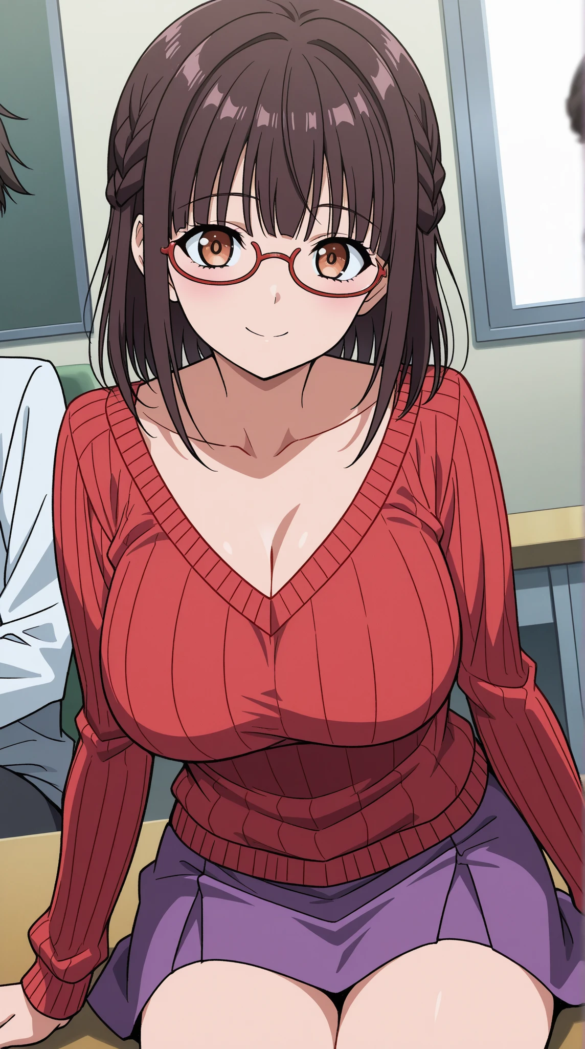 master-piece, bestquality, 1girls,16 years old, View viewers from front, HD, slight smile, massive tits, cleavage, under , tights cloth, , tiny body, under tits cleavage, look down, stand up, wide hips, sakie, black hair, red-framed eyewear, purple eyes, track suit, track jacket, semi-rimless eyewear, under-rim eyewear, track pants, in church, on her kneel, wear glasses, open mouth,