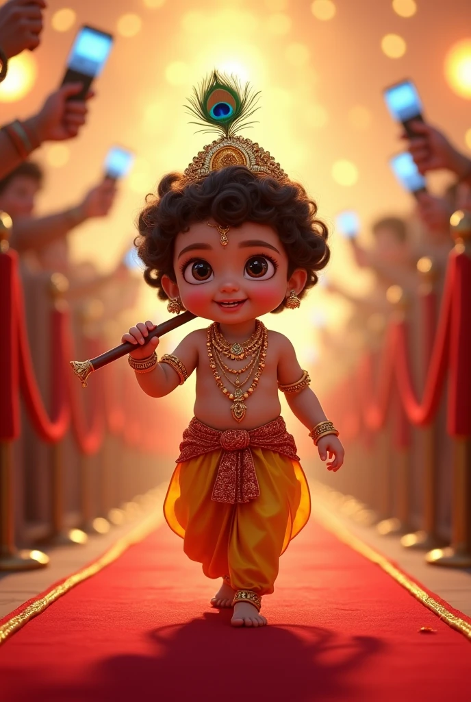 A toddler Lord Krishna, with his dark complexion, front facing,stands amidst the vibrant Holi festivities. He is adorned with a fresh flower garland and a peacock feather elegantly perched on his head. Surrounded by the gopis, who are joyfully throwing colors at him, Krishna's serene and playful demeanor contrasts beautifully with the riot of colors. The scene exudes a sense of divine celebration, with Krishna's calm presence at the center of the festive exuberance.