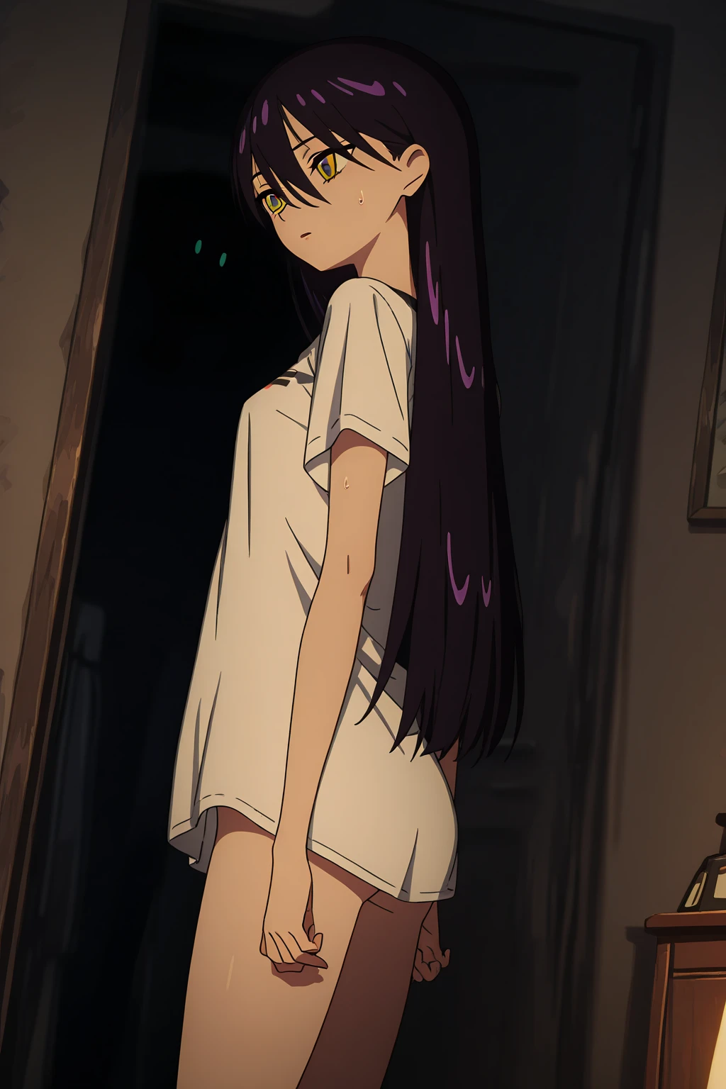 Girl, black hair, messy hair, long hair, pale skin, circles under eyes, small , messy bedroom ( 2.0), small , black , kuroki Tomoko from watamote, , dark bedroom, lights off, computer monitor, baggy white t-shirt, 