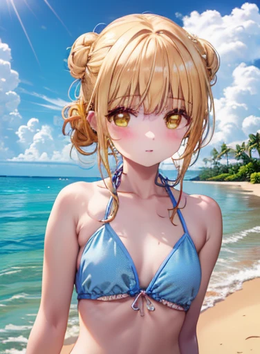 One girl, blonde short hair, wearing a swimsuit ,Watermelon split on the beach,(((masterpiece))), (((best quality))), ((ultra-detailed)), (illustration), (detailed light),((an extremely delicate and beautiful)),(beautiful detailed eyes),