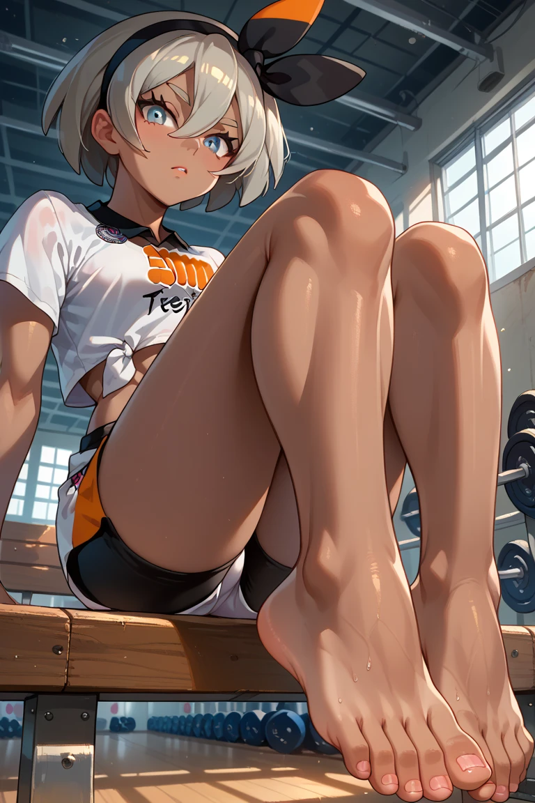 (anime style),masterpiece, best quality, extremely detailed,16Years old,tanned skin,dark skin, Beautiful body,tiny body,glass on breasts press,BREAK,multicolored colorful white hair,shaggy hair,very short hair,BREAK,black eyes,black choker,shy smile,open mouth,half closed eye,detailed lips,BREAK,BREAK,bruma with vertical stripes,oversized bruma,rhythmic gymnastics uniform,break,head tilt,in school sports warehouse,sitting back,Balance beam,