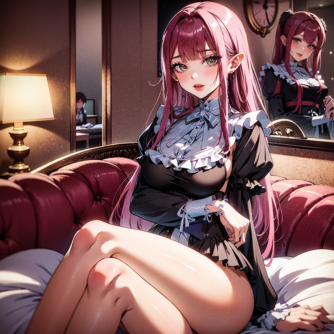 best quality, insanely detailed, nino nakano, breasts, blush, bedroom background, bare-shoulder, looking at viewer, garter strap, a black ribbon, stockings, pussy, smile, lingerie garterbelt, cheerful eye, Gymnastics leg spread, nsfw