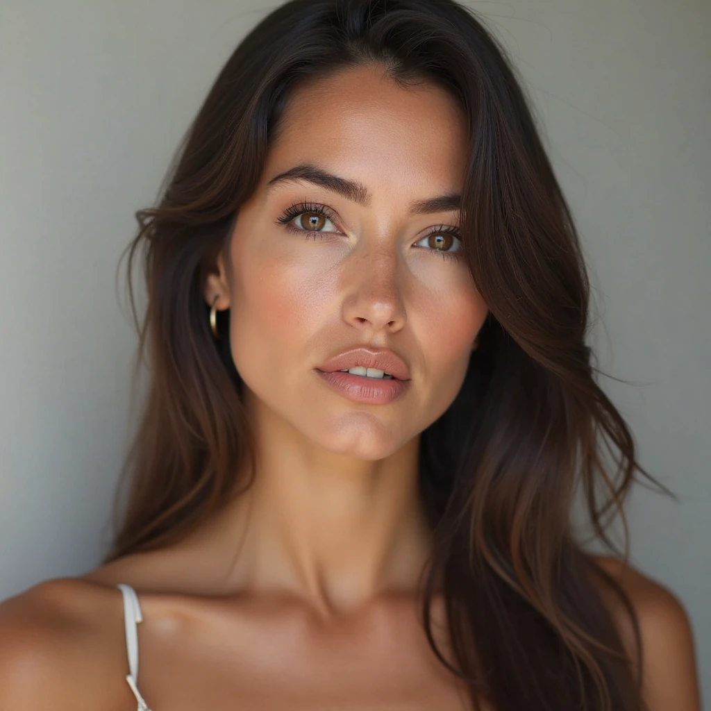hyper realistic, 16k, best quality, masterpiece, (photorealistic:1.4), 1girl (alone), solo. Korean model, pretty young, 20 eyers old. pale-brown hair (realistic texture). turquoise-blue eyes, illuminated skin, realistic shading, white shirt with collars, (latex) black mini-skirt, black pantyhose (transparent),  waist up, dramatic lighting, from below, different poses at different angles, glowing skin, back lighting, athletic figure, muscular female, curvy, wide hips, colorful, looking at viewer, Hyperrealistic, gradient background, dark background, outline, cinematic lighting, (chromatic aberration, intricate details)