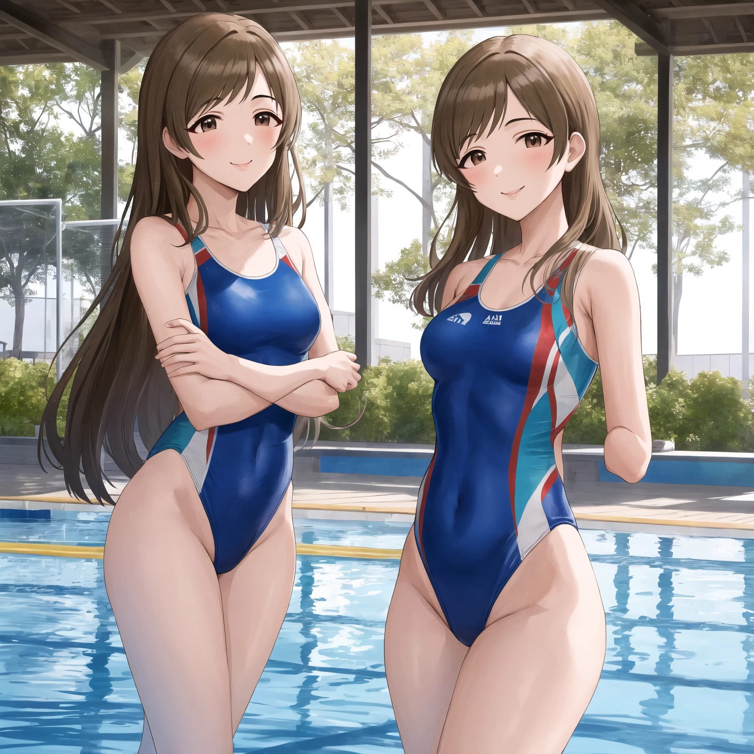 masterpiece、highest quality、High resolution、Two realistic girls、Competitive swimmer、Close-up of a person、Wearing a blue bodysuit、During Competitive swimmerics competitions、smile、Swimming Venues、sexy competitive swimwear