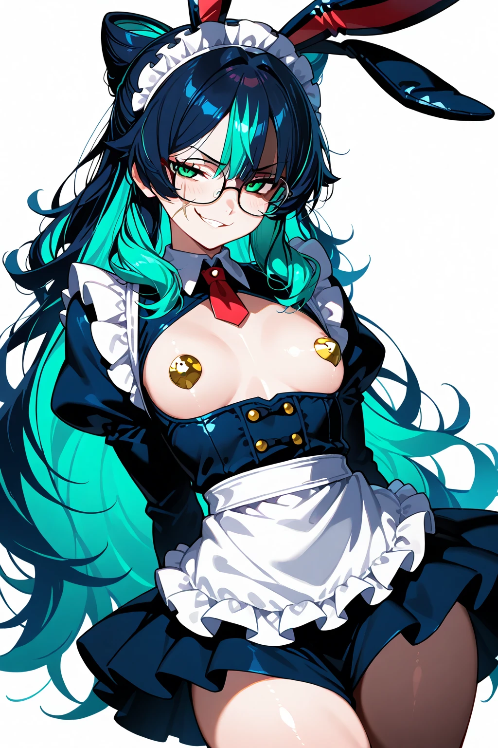 hot girl, beautiful long cyan hair, wearing glasses, cyan eyes, sexy black bikini, big but medium breasts,  a black jacket no panties and long black transparent socks, wolf ears, blush