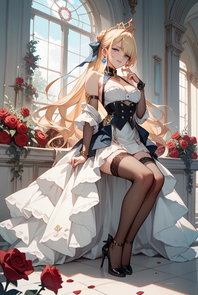 ((best quality)), ((masterpiece)), (detailed), perfect face, Solo, 1 girl, detailed eyes, shiny skin, shiny hair, blue turquoise eyes, blonde hair, high heels, ((tall)), braided hair, ((long braided hair)), 1 braid, maid outfit, full body, shiny hair, shiny skin, midriff, small breasts, coffee shop, red tie,