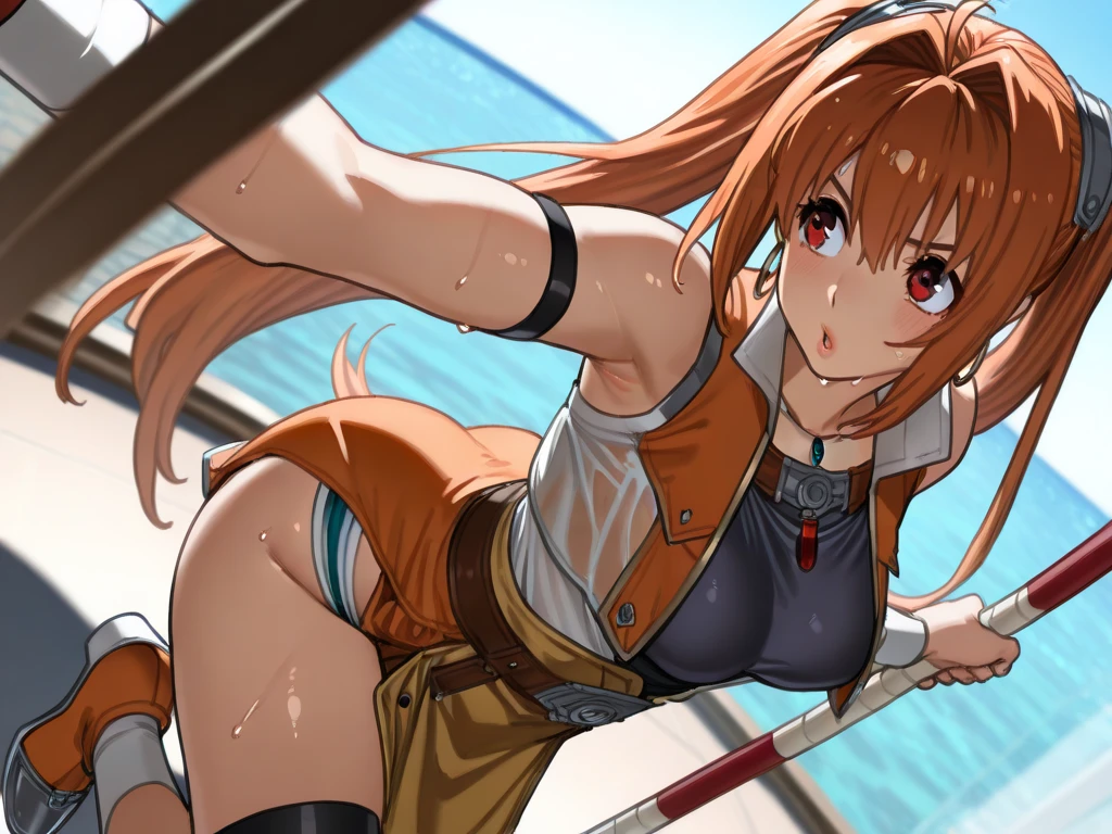 masterpiece, best quality, beautiful art, high resolution, well formed hands, body and fingers, 1 woman, solo, Mamako Oosuki, adult, big breasted, cleavage, hair ribbon, wearing a Leina Vance outfit, loin cloth, full body picture, sexy and skimpy bikini armor, gorgeous hips, legs and thighs , dancing seductively and erotically, turning backwards and forwards, showing her back and front, showing her butt, t -back, shaking her body alluringly, bouncing breasts, sweating, bikini thong, smiling joyfully, looking at the viewer, flirting, beach environment