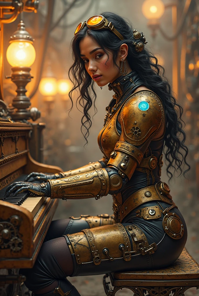 Hyper realistic photo perfect clockwork teen girl, perfect makeup, think curved eyebrows, long thick eyelashes, black eyeliner, dark purple eye shadow, perfect sexy face, cute little nose, curved lips, lipstick, perfect breasts, abs, slim waist, perfect ass, clockwork steampunk outfits,