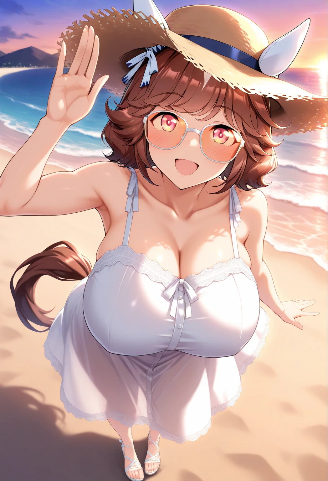 A 6-year-old girl with big breasts, plump figure, round, dressed in a baby yellow wedding dress, lace bikini, bikini with lace cutouts, on the beach, glasses and wearing a thin tulle