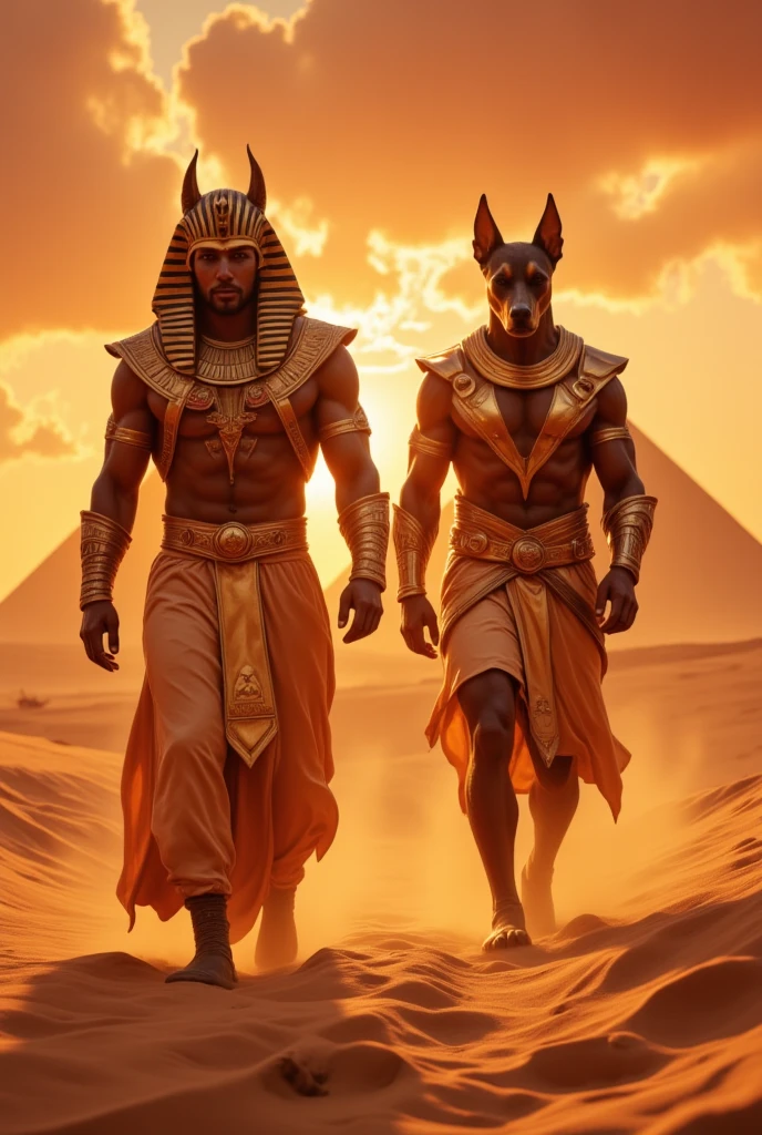 Pharaoh standing beside pyramid with Anubis above him and scarab amulet.