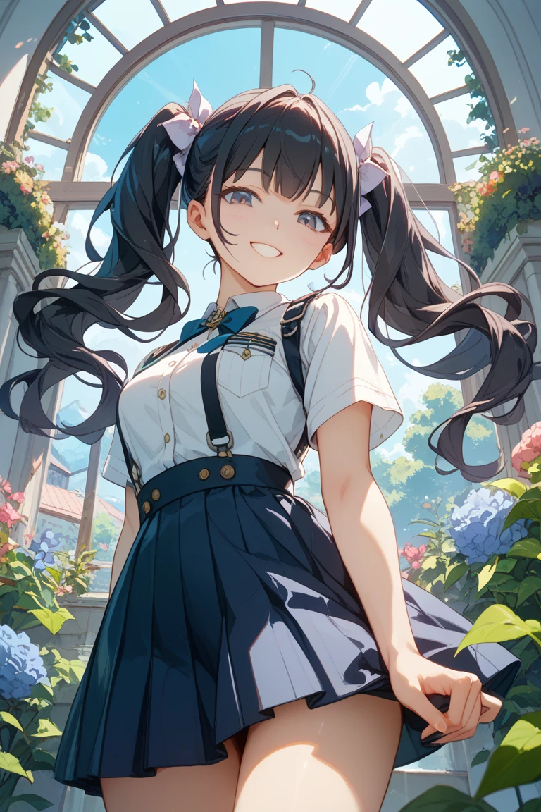 master piece,hyper quality, Hyper Detailed,Perfect drawing,独奏、Hi-Res、a beauty girl、(((Holding a large bouquet of flowers wrapped and bound with ribbons on her chest)))、student clothes、a miniskirt、Stick your butt out、turned around、big round ass、(darkskin:1.5)、cute smile face、bustup、Shooting from the back diagonally below、Street Trees、blue-sky、cumulonimbus clouds、beatiful backgrounds、Detailed drawing、Accurate drawing。
