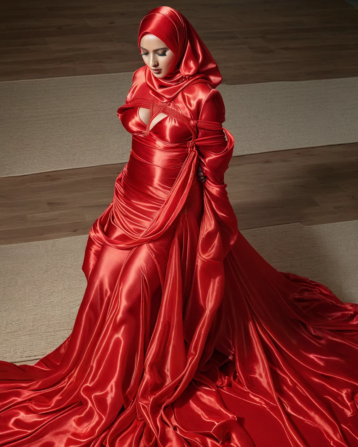 a sexy a woman covered in large red satin cloth, tied tightly with the satin cloth, mummified, the satin hanging down very long, a mermaid style dress, wearing a satin hijab, the satin cloth is very long, forming the curve of the body, flowy satin about 4 meter,full body,masterpice, 4k resolution, ultra-realistic, highly detail.