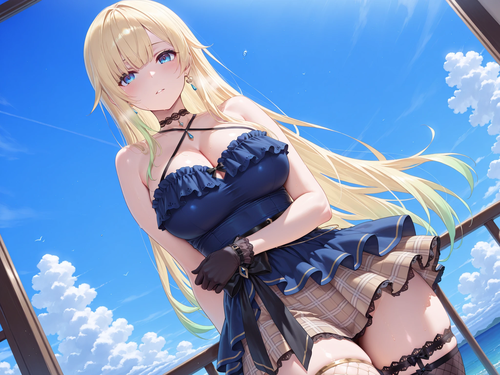 One Woman、Blonde Hair、Hair between the eyes、long hair、Big Breasts、Huge breasts、Tight waist、belly button、sunglasses、Tight Skirt、Tube top、Off the shoulder、Cleavage、Cleavage、Hair blowing in the wind、smile、Open your mouth a little、Standing in an ancient Greek town、Angle from below、Touching your hair、Elbows at face height、blue sky、Photographed from an angle、Gravure idol pose、sexy、lure、