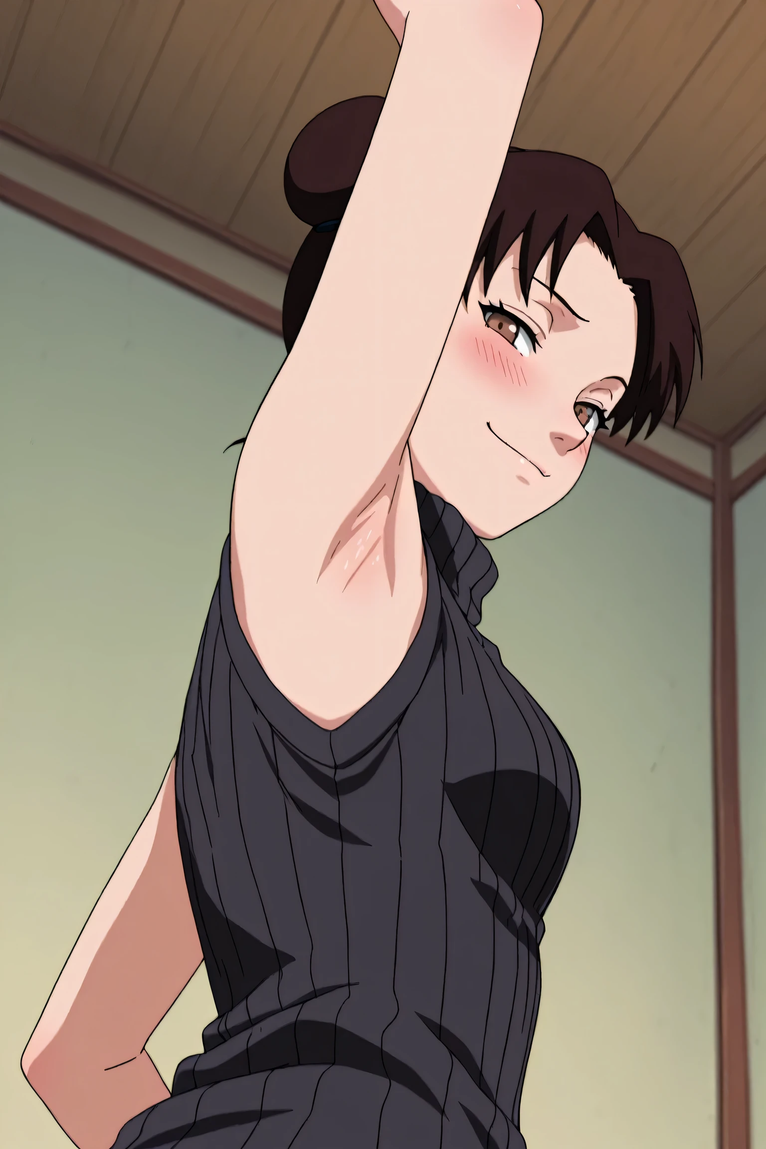 (masterpiece, 4K, Highest quality, anime style: 1.9, Detailed face, Lovely, Bold, High resolution, anime,  Curvaceous, Thighs,, (The scorned face,blush).Very slim belly, Cowboy Shot, (One girl),NARUTOanime風, Tenten,(((Sweaty))),(((armpits))),Pink Chinese dress,Dark green trousers,Place your hands behind your head.