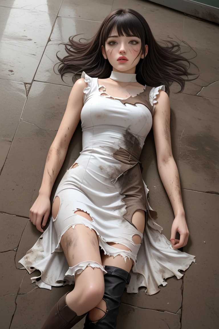 glamour, fashion photo, vogue magazine, beautiful, 18 years old, girl with messy purple hair, skinny, medium breast, pure eyes, makeup, details, higly detailed, Fashion Magazine, standing near the old castle, sunset, rim light, cinematic lighting, Short black long-sleeved stretch jersey dress with cherry print, (burn scar on the right side of the face:1.5), (burn scar on the right side of the body:1.5), (clear left side of the body:1.2), hair over right eye, ((disheveled hair))