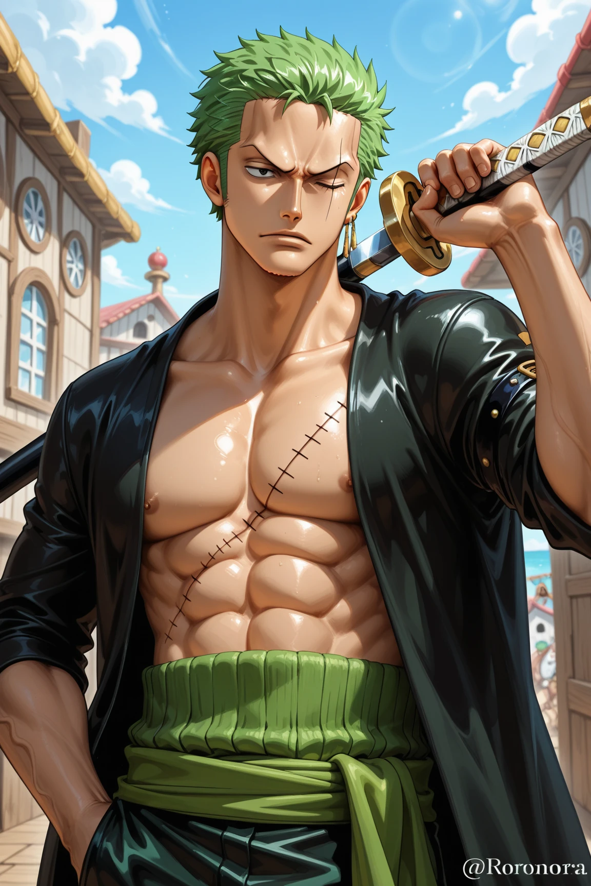 rORONOA Zoro DO ANIME "(one piece",) alone, View the viewer, short hair, Long sleeve, First grader, Green Pirate Suit Jacket, Upper Body, arms, Male focus, kimono, Golden Hair, What's, Wave, Landscape, Scar on left eye, sheath, Facial scars, Emsheathdos, (Slicked back hair), Super Saiyan Aura,