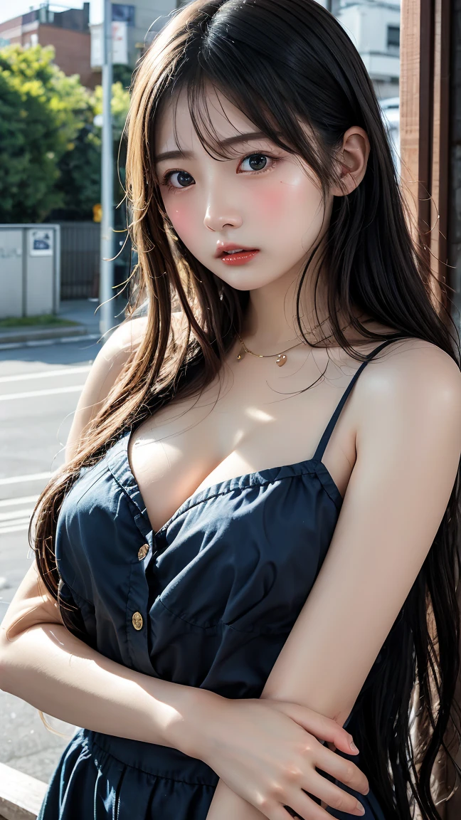 (1girl:1.3), sexy pose, slim body, (photorealistic:1.4), (masterpiece, top quality, best quality, official art), extreme detailed, highest detailed, (ultra-detailed), ((an extremely delicate and beautiful)), cinematic light, (realisticlying:1.3), (highdetailskin:1.2), high resolution, 8K UHD, 4K, 8K, Bokeh, digital SLR camera, absurderes, Optimal proportions of four fingers and one thumb, in the park with trees,sitting on bench, ((silky long hair)), (brown hair), tears, beautiful face, perfect face, highly detailed beautiful face, Cute, shy,blush, dynamic angle, from above,looking at viewer, wearing Tulle Overlay Camisole dress