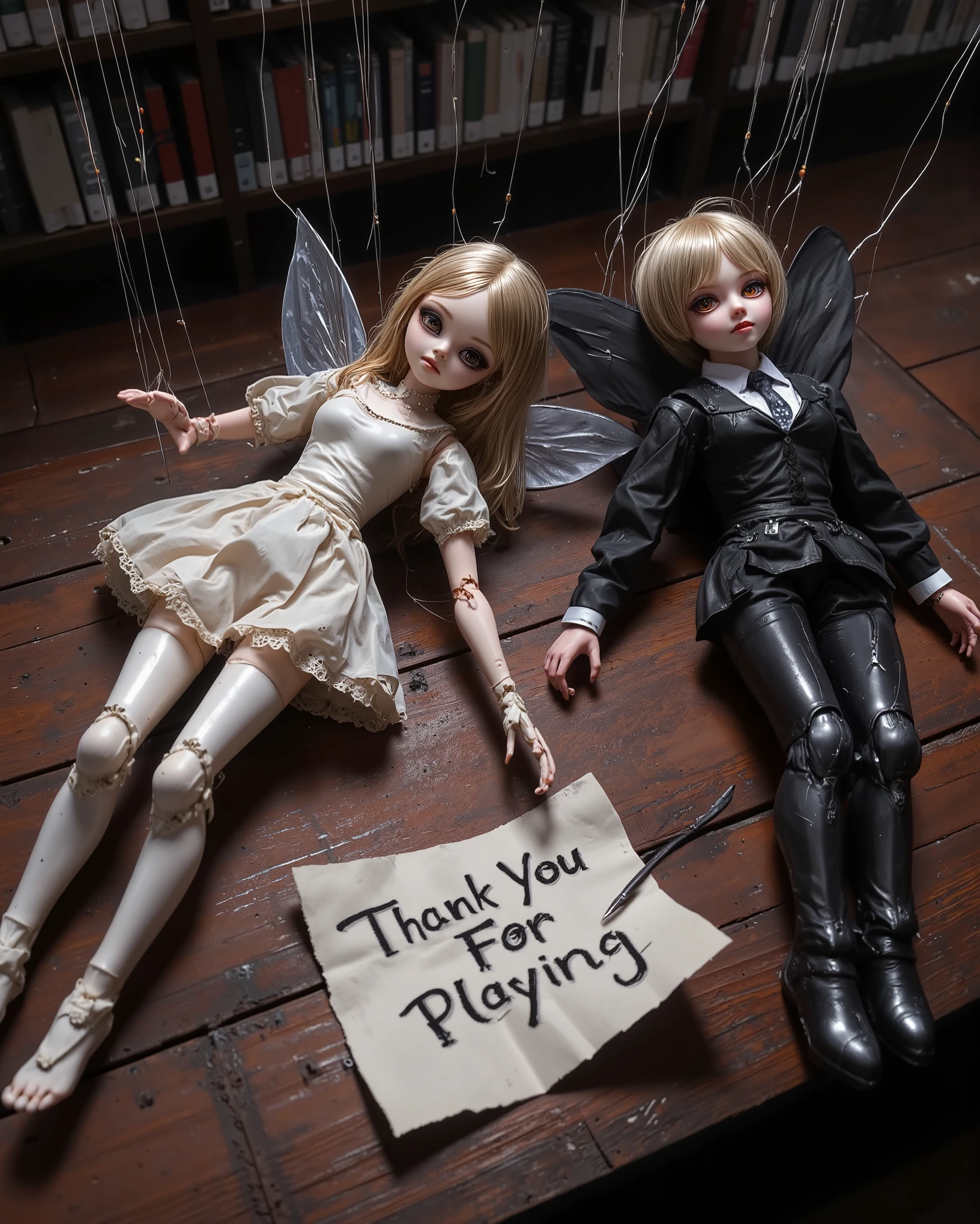 4pp4l4chi4 Folk Horror,SINoALICE, Parrah, Noya, 2dolls, creepy, dark, creepy dolls, marionette dolls laying on the floor, in a library, Library, (Parrah is wearing light clothes and fairy wings, long hair, girl), (Noya is wearing dark clothes and fairy wings, short hair, boy), orange eyes, a note reads "Thank You For Playing"