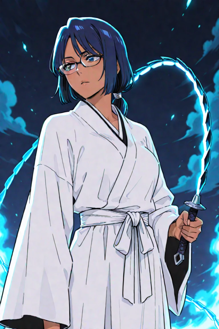 1girl, solo, open beige robes, large sash around waist, brown sash, blue hair, gradient hair, green hair, deep blue eyes, lightsaber in hand, mountain, lightsaber pointed down, cleavage, large breasts, sleveless