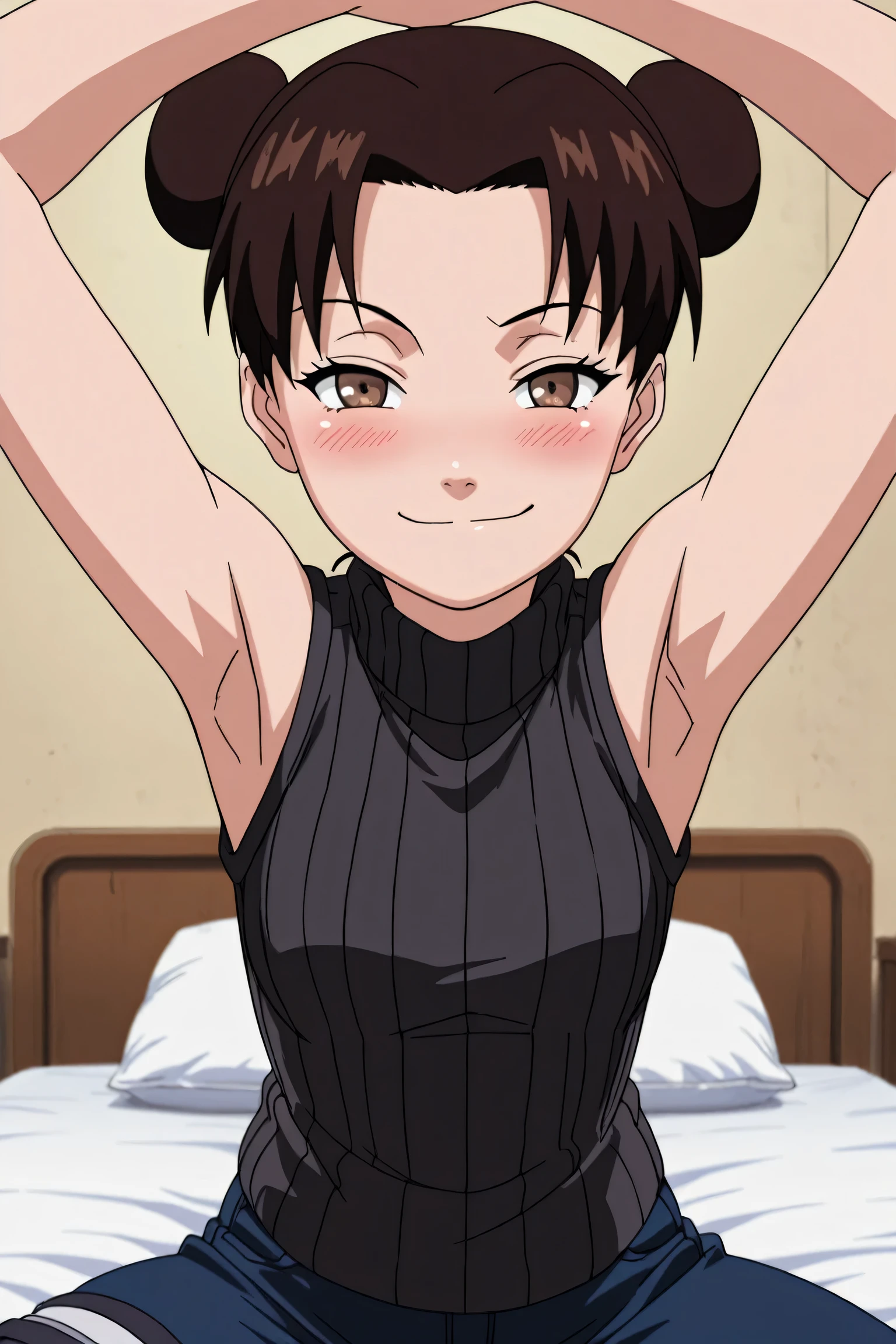 masterpiece, best quality, amazing quality, anime screencap, anime coloring, 1girl, solo, ytenten, brown eyes, brown hair, short hair, double bun, small breasts, forehead, black sweater, sleeveless sweater, ribbed sweater, turtleneck, arms up, raised arms, armpits, armpits focus, head towards viewer, looking at viewer, direct eye contact, evil smile, blush, smug, half-closed eyes, closed mouth, confident, indoors, sitting on bed, jeans, spread legs