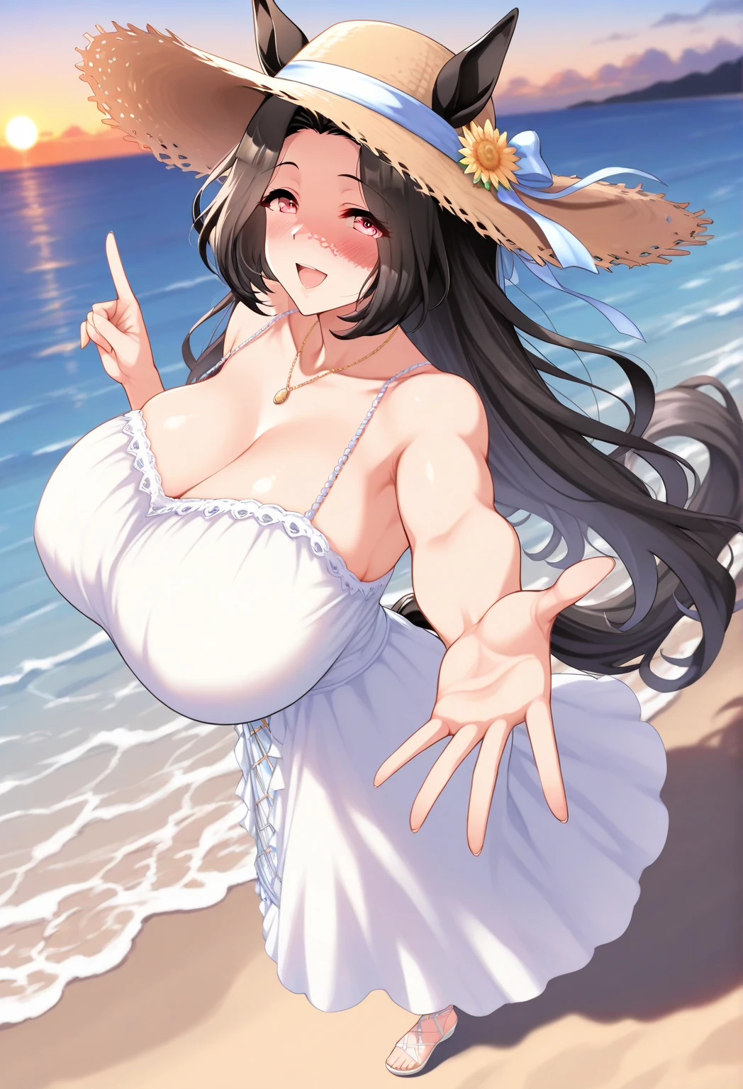 Absurdres, masterpiece, best quality, (ultra-detailed), (nice hands, perfect hands), ideal ratio body proportions,
BREAK
(vector outline, flat color:1.3), ((1girl)), solo, stand, (contrapposto), hands on headwear, close-up upper body, from below, in the sandy beach, ocean, waves, splashing, blue sky, windy, rim light, sunlight, beautiful lighting,
BREAK
cute girl, 25 years old, detailed purple eyes, (black long straight hair:1.5), large breasts, embarrassed smile, (closed mouth:1.2), (full-face blush), floating hair,
BREAK
(wearing white micro bikini:1.2), (top-less:1.3), (expose breasts, breasts out:1.3), straw hat, navel, barefoot