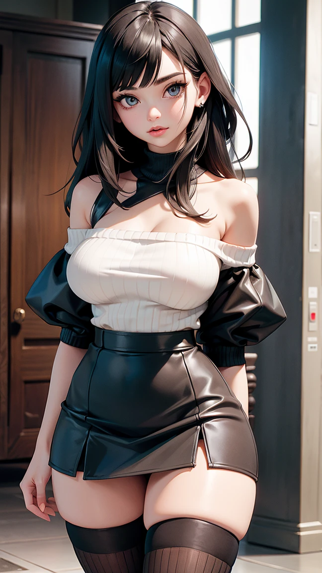 highest quality,masterpiece,High resolution,(beautiful face),looking at the viewer,Are standing,((Half body)),((White vest)),((black leather skirt)),gloved hands,right arm hanging down