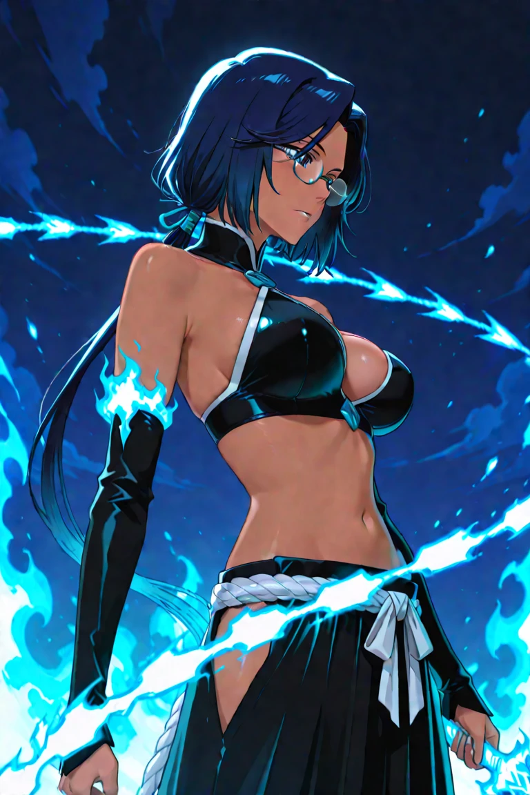 score_9,score_8_up,score_7_up,source_cartoon, source_anime, source_furry, A blue skinned wraith woman, ((blue skin)):1.4, light blue sclera, white glowing irises, glowing white scars all over body and face, (glowing white scars):2, long dark blue hair, hair covering one eye, blue lips, blue lingerie, ephemeral ches clear white cloak, she is floating, floating over a spirit tidal pool, in a dark cave, upper body shot, highly detailed