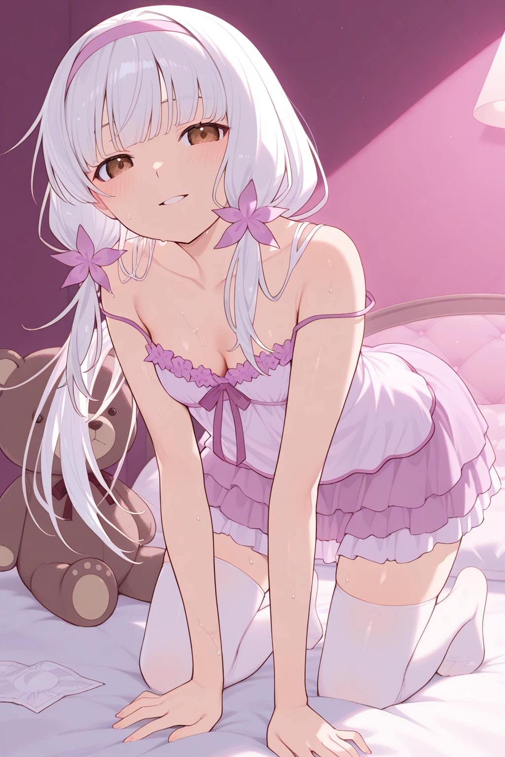 beautiful illustrations, highest quality, pretty girl, 1girl, Bedroom, pastel colour, fluffy rabbit ears, (two-separated lingerie), cute lingerie, long silver hair, rabbit stuffed animal, bright lighting, Pale pink eyes