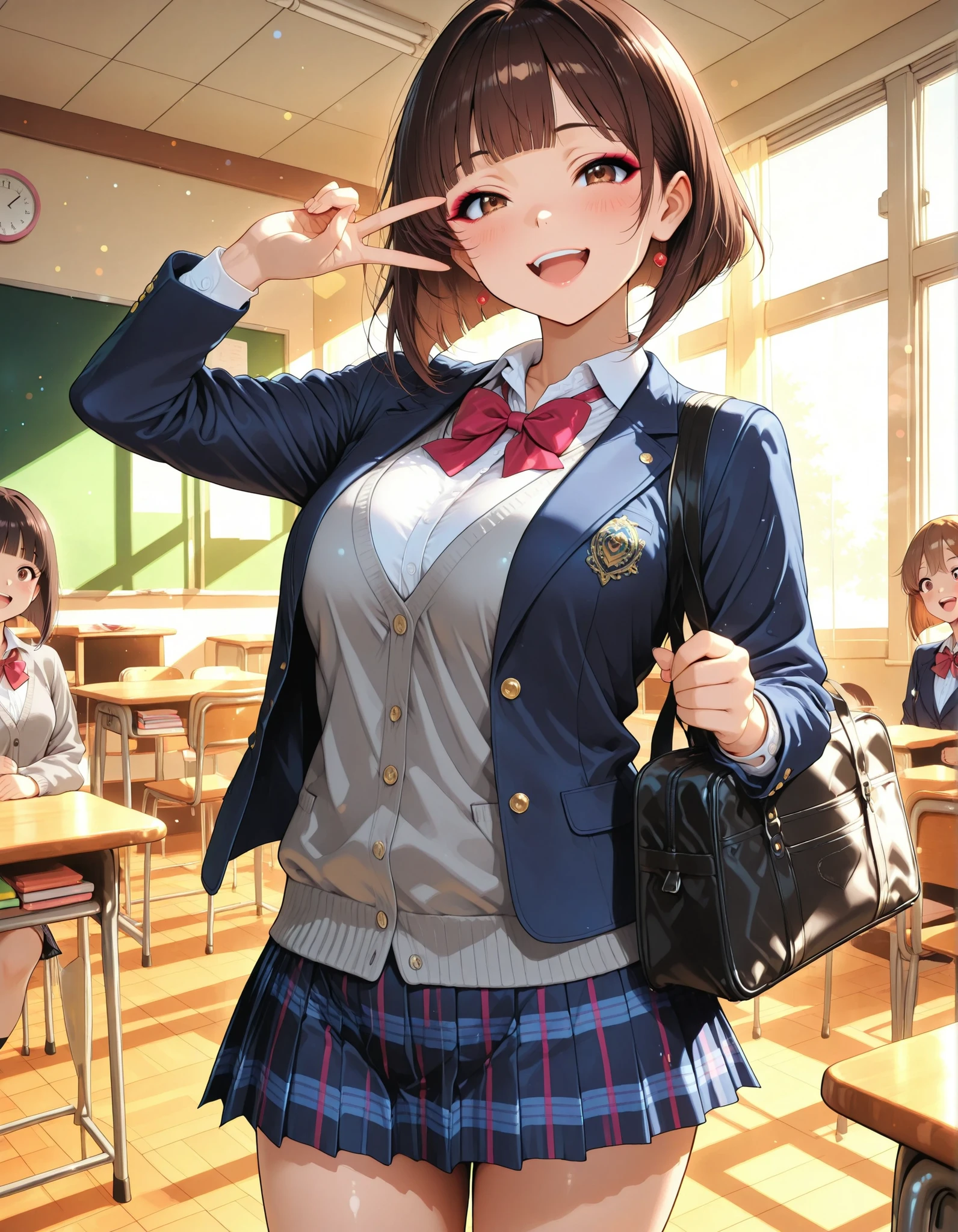 Adorable School Girls, Anime Style, Beautiful girl, beautiful girl, School Girl Outfit, ((brown hair, inverted bob, blunt bangs, reddish brown eyes, laughing)), Dark blue blazer, grey cardigan, white shirt, plaid pleated skirt, school bag that stands in dignity, V sign, cowboy shot, natural pose, Sexy Poses, ((school, classroom)), illuminated by natural light, elegant expression, soft smile, Elegant Makeup, behave politely, elegant and delicate atmosphere, High Quality, Flat Anime, 4K, HDR, reproduced in extreme detail, is shy while, bright colors, Bokeh Backgrounds, high-definition illustration with an emphasis on detail, Utopian,