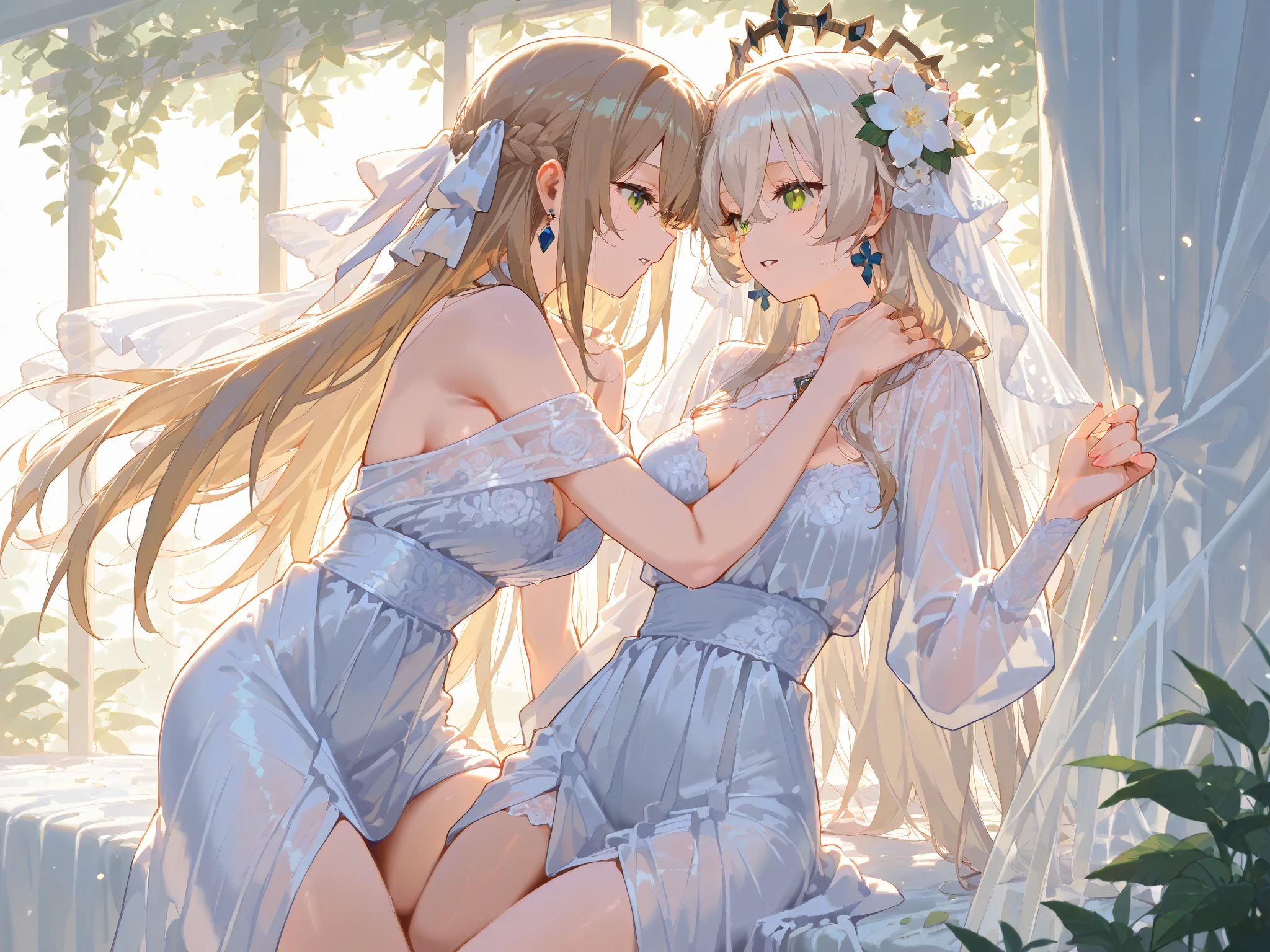 (depcit little young girl), (((white lace panties and elegant white lingerie))), ((white panty transparent)), blond hair, long hair, straight hair, blue eyes, thin , small breasts, (topless), nice hips, open shoulders, (((sassy))), back arched, kneeling, pretty, well-maintained and sunny garden