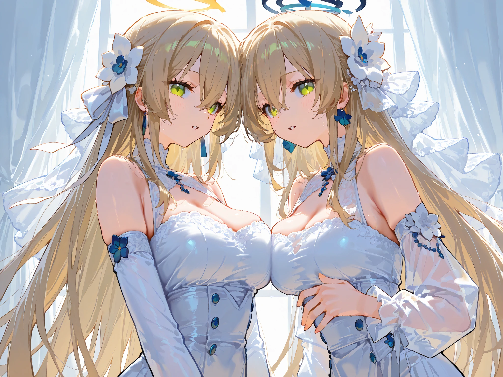 ((((Obra maestra, La mejor calidad, ultrahigh resolution)))), 1girl, standing,), ((long pure blonde hair, hair over eye)), long hair cut, shiny skin, ((green eyes)), glowing_eyes, neon eyes, (ultra detailed eyes:0.7, beautiful and detailed face, detailed eyes:0.9), ((centered)), smirk, facing viewer, ((vibrant background, dark lighting, summer, sunlight)), large chested, looking at viewer, ((half closed eyes)), ((perfect hands)), (((head:1, arms, hips in view, elbows, in view))), ((hands behind back)), empty eyes, beautiful lighting, ((outside, outdoors)), defined subject, head tilt, (((gritty)), ((creepy)), ((cool)), ((beautiful)), (((NSFW))), hair ornament, petals in the air, moon in the sky, city, mature woman, adult woman, dark gold night dress, night dress, she is a princess, smiling