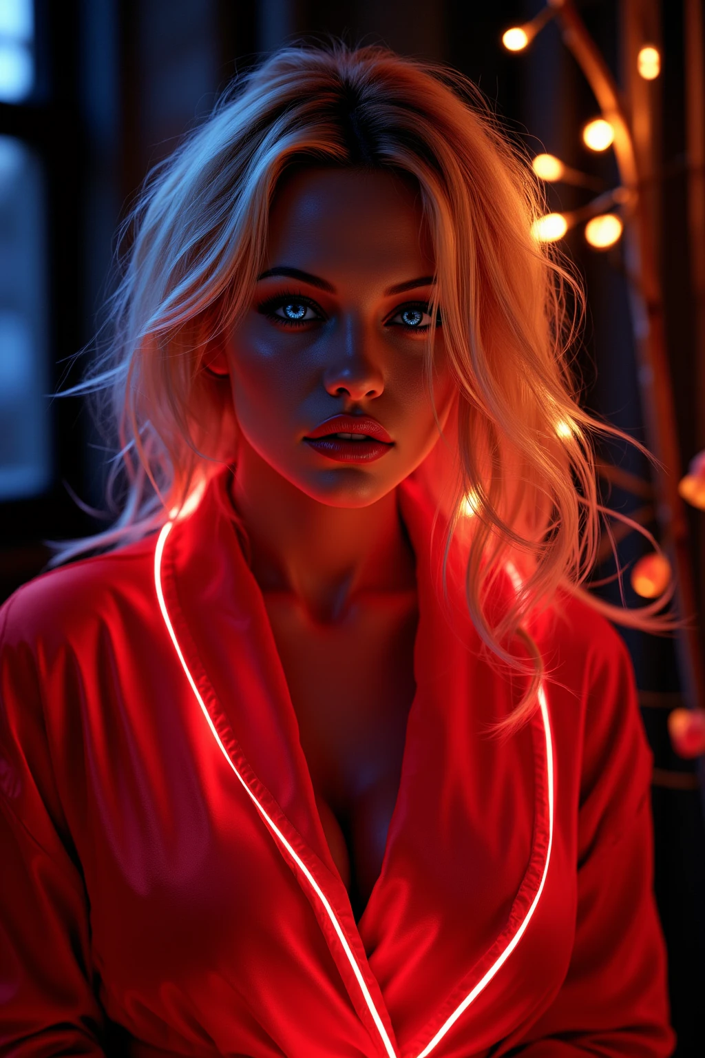 ((Realstic)) and ultra-detailed photography of a nude woman, neon colors, sexy, beautiful woman, red glowing skin, red neon lights, neon light language, red and cinematic lighting, red neon light, inspired by Elsa Bleda, neon lit, glowing red, red lighting on theface, dark background