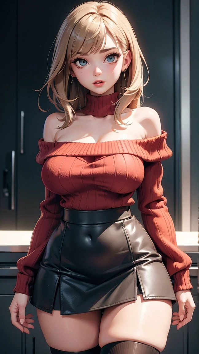 pale skin, looking away, woman, very detailed, (red winter sweater, cotton (navy blue) leggings) , night, cute, <lora:opeLoRAv6.3:.9>, brown eyes, brown hair, standing, high-top, upper body,